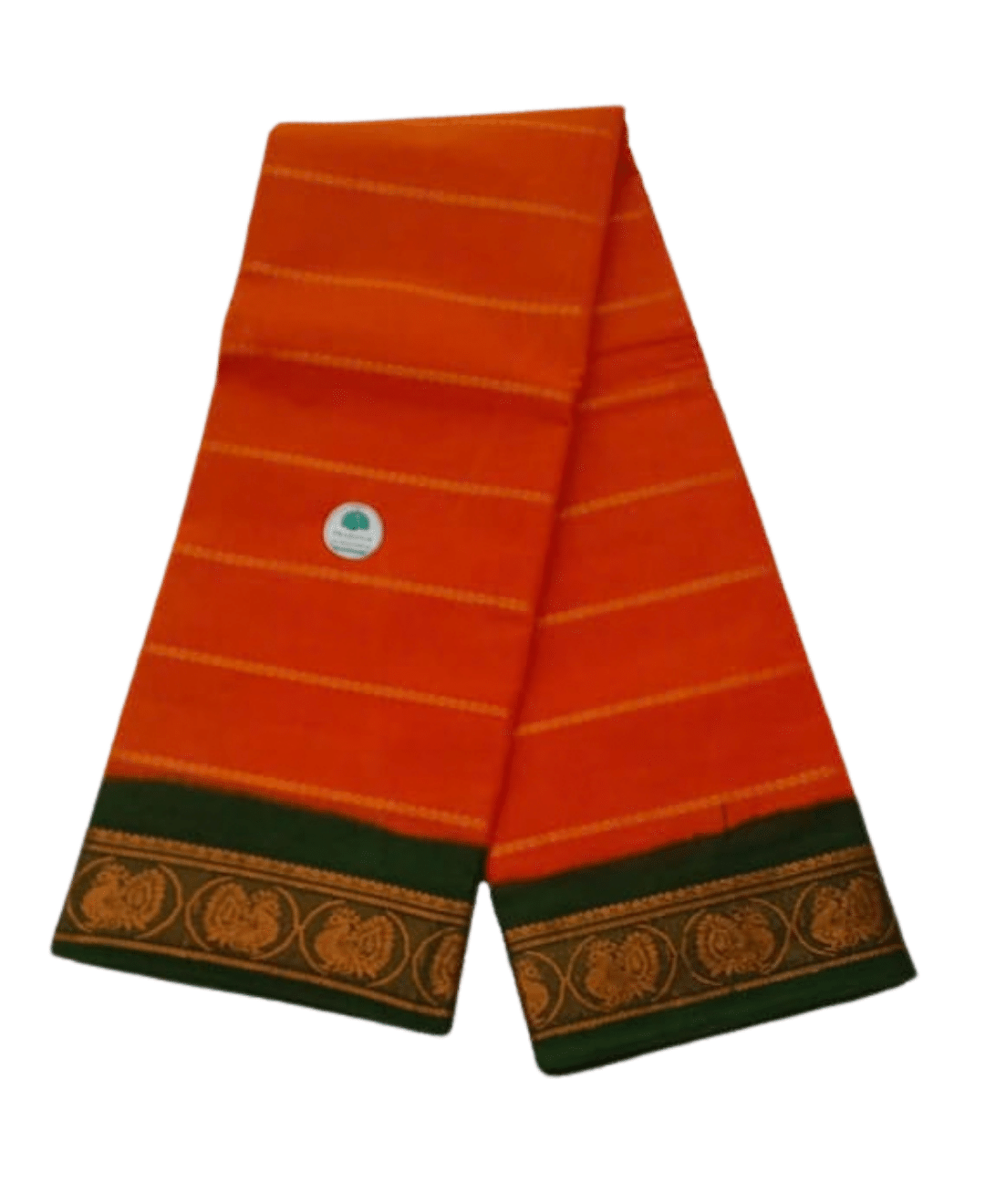 Sungudi Cotton Saree for Women, Velthari Sungudi Saree, Cotton, Mango Orange with Green Zari Border with Peacock Motif with Running Blouse, Lightweight Wear Cotton