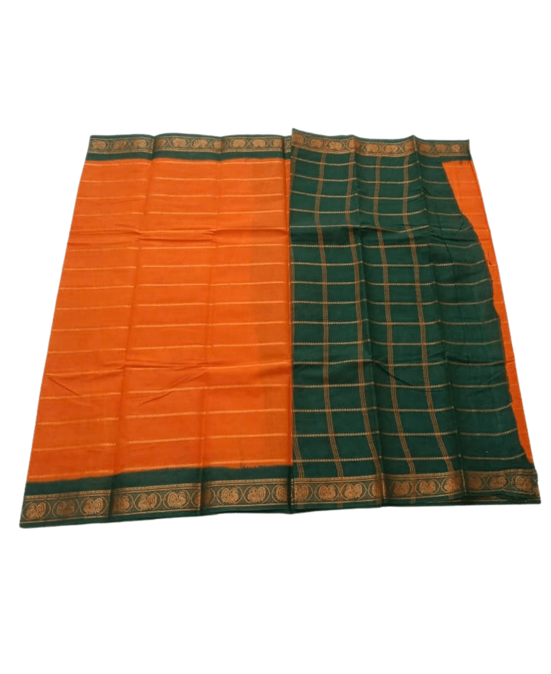 Sungudi Cotton Saree for Women, Velthari Sungudi Saree, Cotton, Mango Orange with Green Zari Border with Peacock Motif with Running Blouse, Lightweight Wear Cotton - Image 2