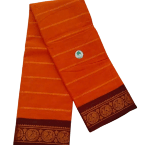 Sungudi Cotton Saree for Women, Velthari Sungudi Saree, Cotton, Mango Orange with Maroon Zari Border with Peacock Motif with Running Blouse, Lightweight Wear Cotton