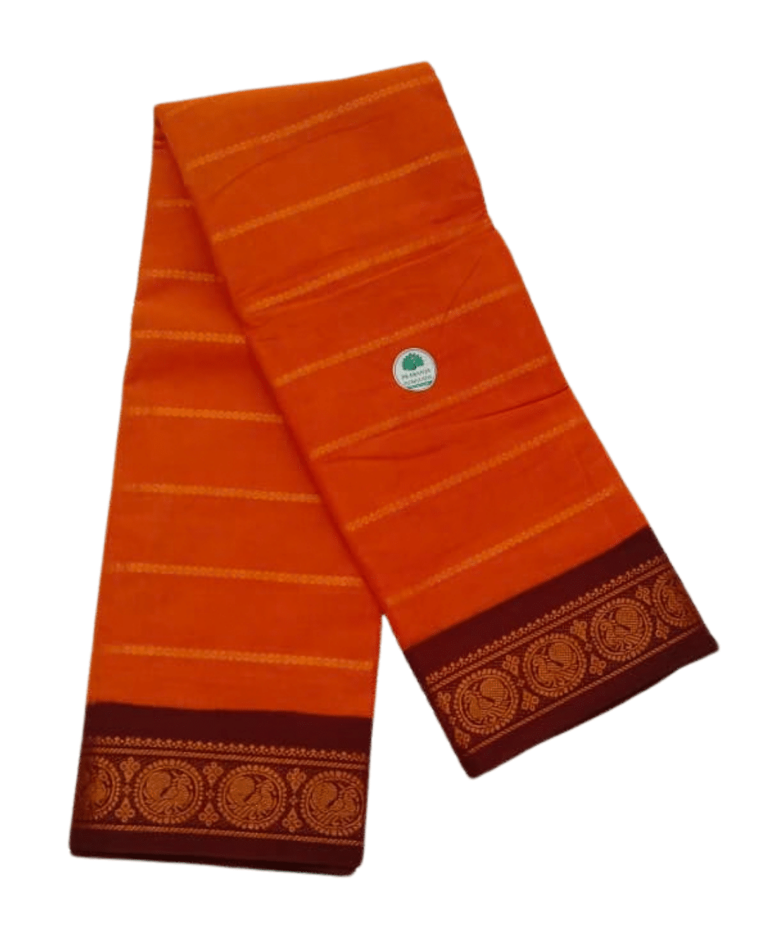 Sungudi Cotton Saree for Women, Velthari Sungudi Saree, Cotton, Mango Orange with Maroon Zari Border with Peacock Motif with Running Blouse, Lightweight Wear Cotton
