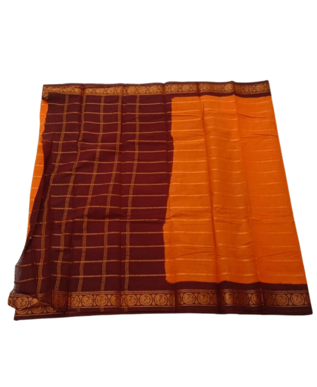 Sungudi Cotton Saree for Women, Velthari Sungudi Saree, Cotton, Mango Orange with Maroon Zari Border with Peacock Motif with Running Blouse, Lightweight Wear Cotton - Image 2
