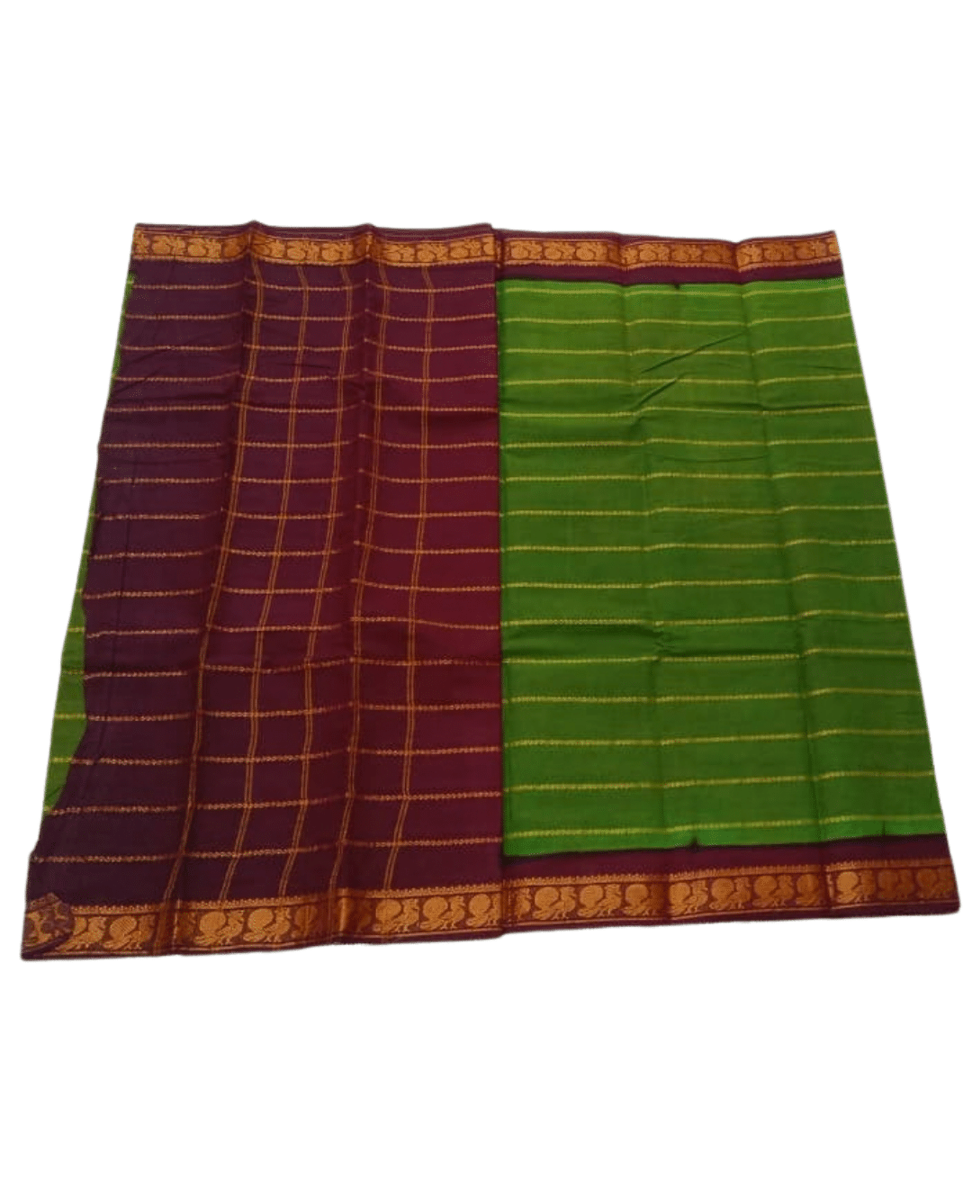 Sungudi Cotton Saree for Women, Velthari Sungudi Saree, Cotton, Dark Green with Maroon Zari Border with Peacock Motif with Running Blouse, Lightweight Wear Cotton - Image 2