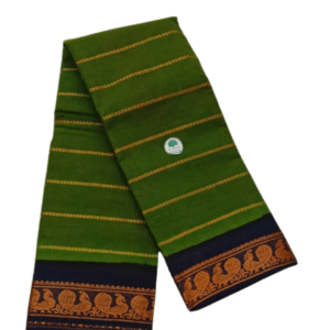 Sungudi Cotton Saree for Women, Velthari Sungudi Saree, Cotton, Dark Green with Navy Blue Zari Border with Peacock Motif with Running Blouse, Lightweight Wear Cotton