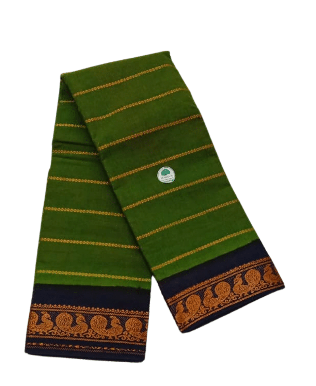 Sungudi Cotton Saree for Women, Velthari Sungudi Saree, Cotton, Dark Green with Navy Blue Zari Border with Peacock Motif with Running Blouse, Lightweight Wear Cotton