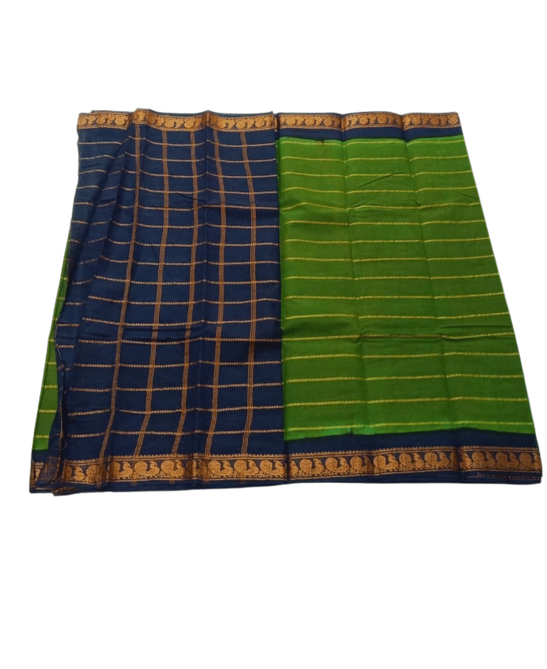 Sungudi Cotton Saree for Women, Velthari Sungudi Saree, Cotton, Dark Green with Navy Blue Zari Border with Peacock Motif with Running Blouse, Lightweight Wear Cotton - Image 2