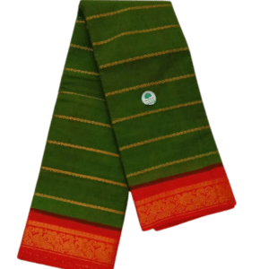 Sungudi Cotton Saree for Women, Velthari Sungudi Saree, Cotton, Dark Green with Red Zari Border with Peacock Motif with Running Blouse, Lightweight Wear Cotton