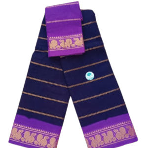 Sungudi Cotton Saree for Women, Velthari Sungudi Saree, Cotton, Navy Blue with Purple Zari Border with Peacock Motif with Running Blouse, Lightweight Wear Cotton