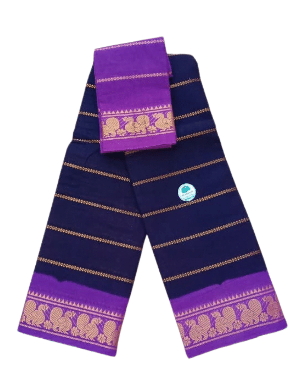 Sungudi Cotton Saree for Women, Velthari Sungudi Saree, Cotton, Navy Blue with Purple Zari Border with Peacock Motif with Running Blouse, Lightweight Wear Cotton