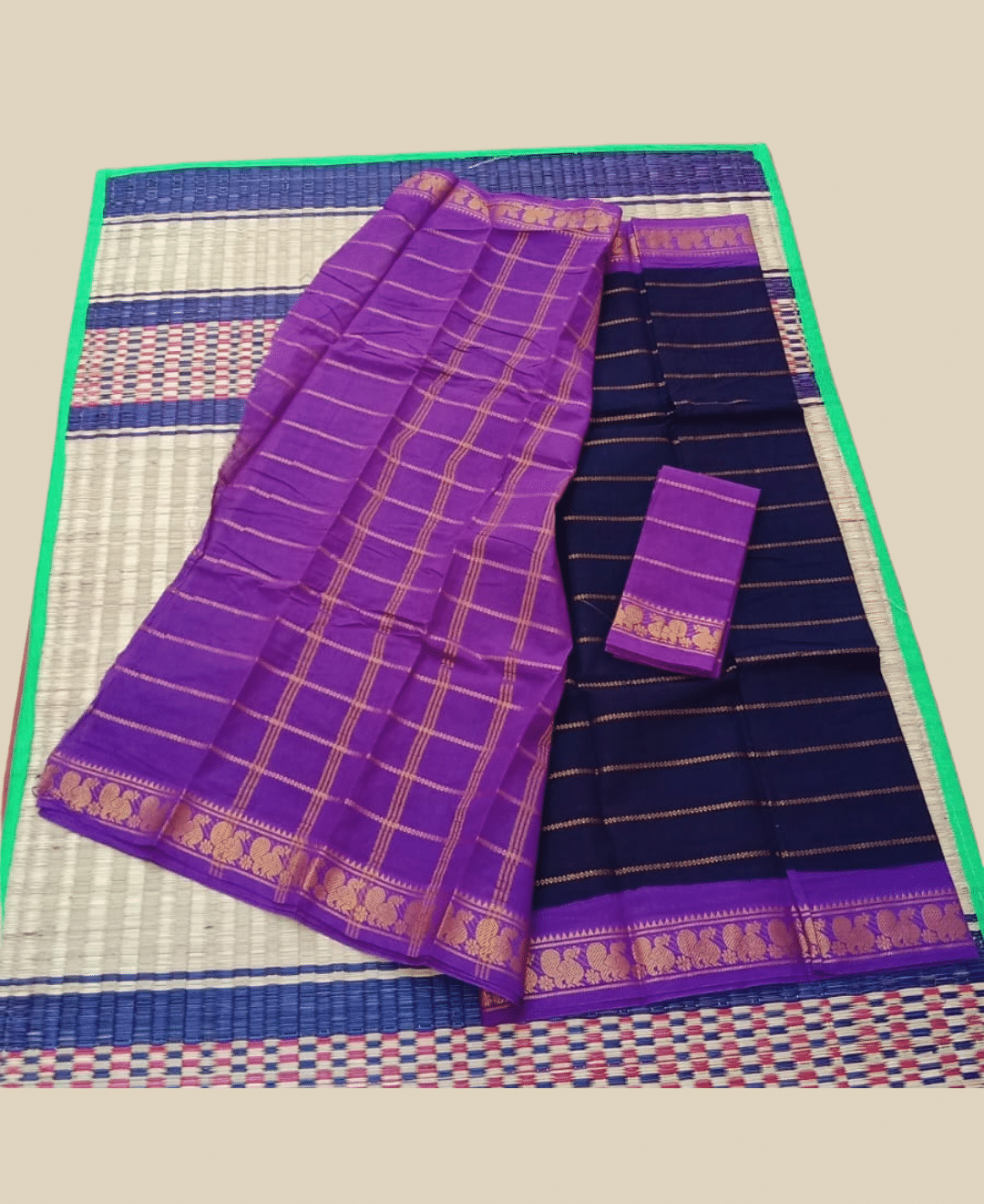 Sungudi Cotton Saree for Women, Velthari Sungudi Saree, Cotton, Navy Blue with Purple Zari Border with Peacock Motif with Running Blouse, Lightweight Wear Cotton - Image 2