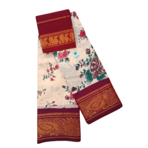 Sungudi Poonam Cotton Saree for Women | Cream Floral Printed Saree with Maroon & Golden Traditional Border | Elegant Ethnic Saree with Blouse Piece