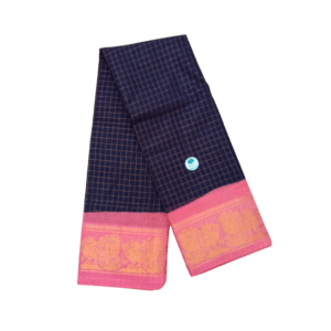 Prabanja Sungudi Zari Kattam Saree – Navy Blue with Peach Pink Border (With Running Blouse)