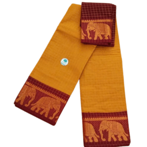 Prabanja Sungudi Zari Kattam Saree – Mustard with Maroon border (With Blouse)