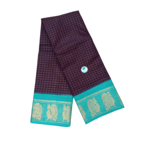 Prabanja Sungudi Zari Kattam Saree – Dark Wine with Peacock Blue Border (With Running Blouse)